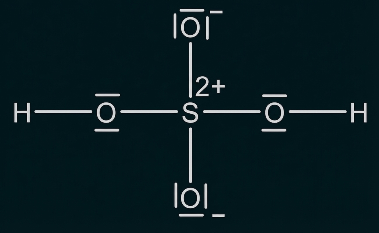 Chemische Strukturformel von Schwefelsäure H2SO4: S-Zentrum mit vier O-Atomen, zwei davon als OH-Gruppen.
